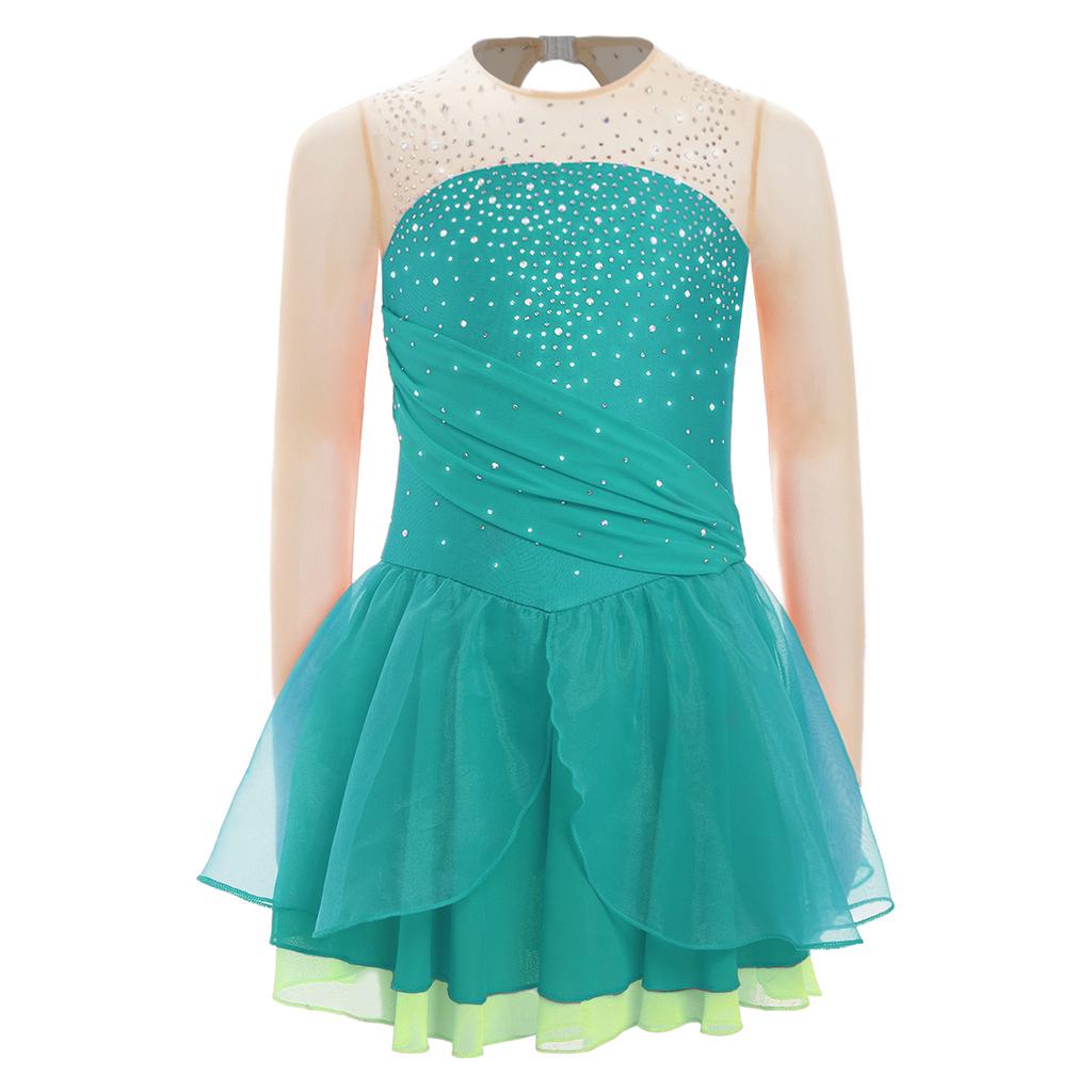 Костюм для фигурного катания для девочек, лирическое балетное танцевальное платье с вырезом на спине, блестящие стразы, современная лирическая танцевальная одежда