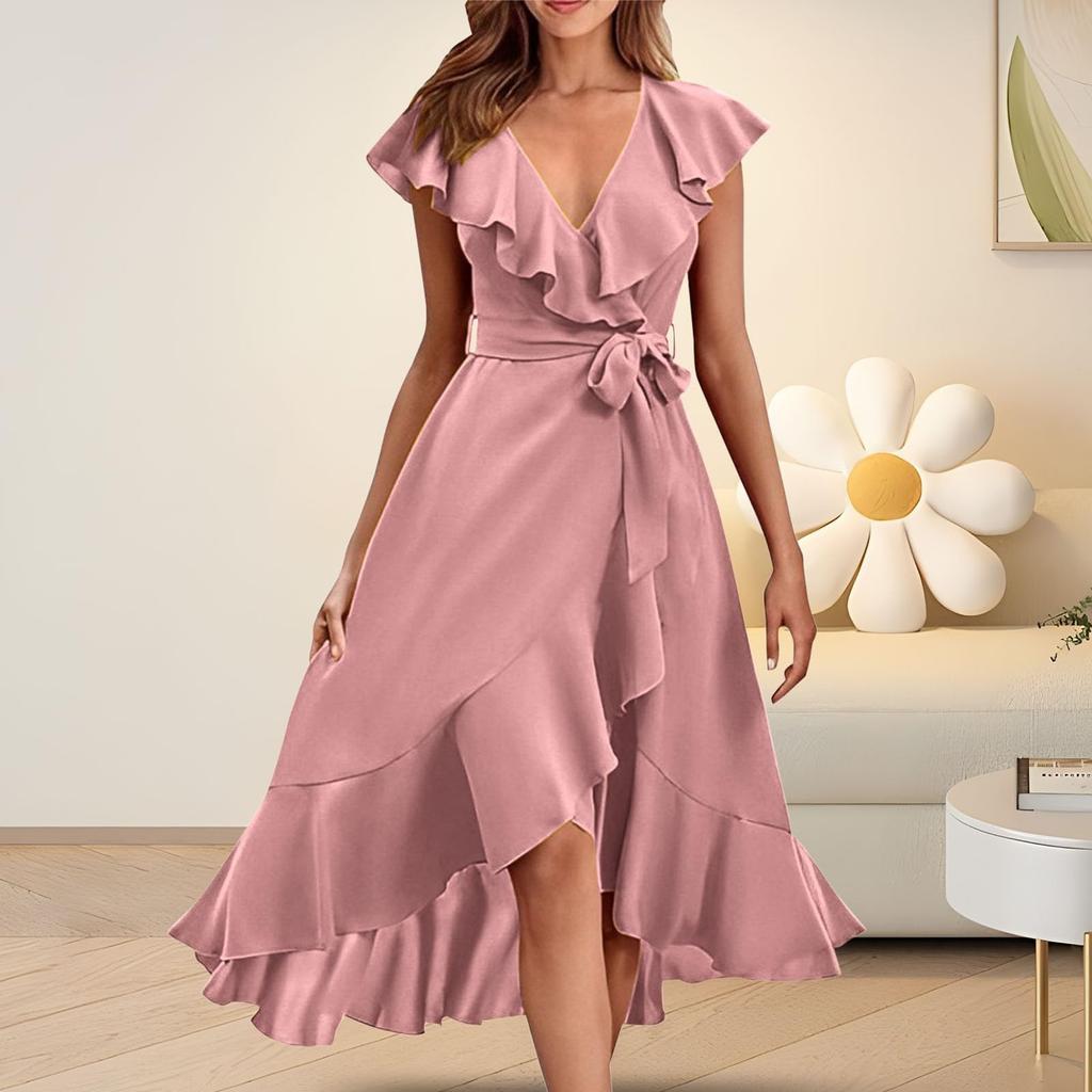 Women's Solid V-neck Short Sleeved Ruffled Edge Elegant Dress