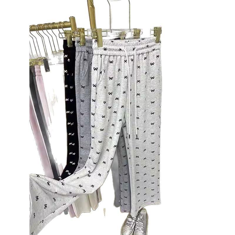 Брюки с высокой талией и широкими штанинами в корейском стиле с принтом бантиков для женщин - Миниатюрные и стройнящие, на начало осени