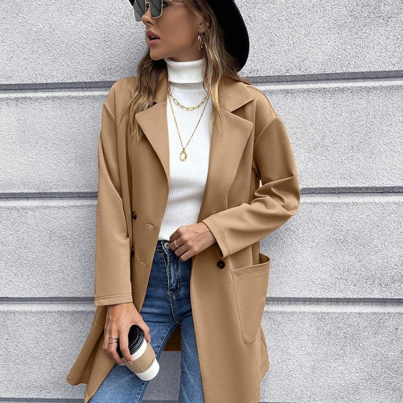 Autumn Mid Long Solid Casual Loose Women Jacket Double Breasted Formal Office Jackets for Women Fashion Winter Pockets Notched Ladies Coat 24899