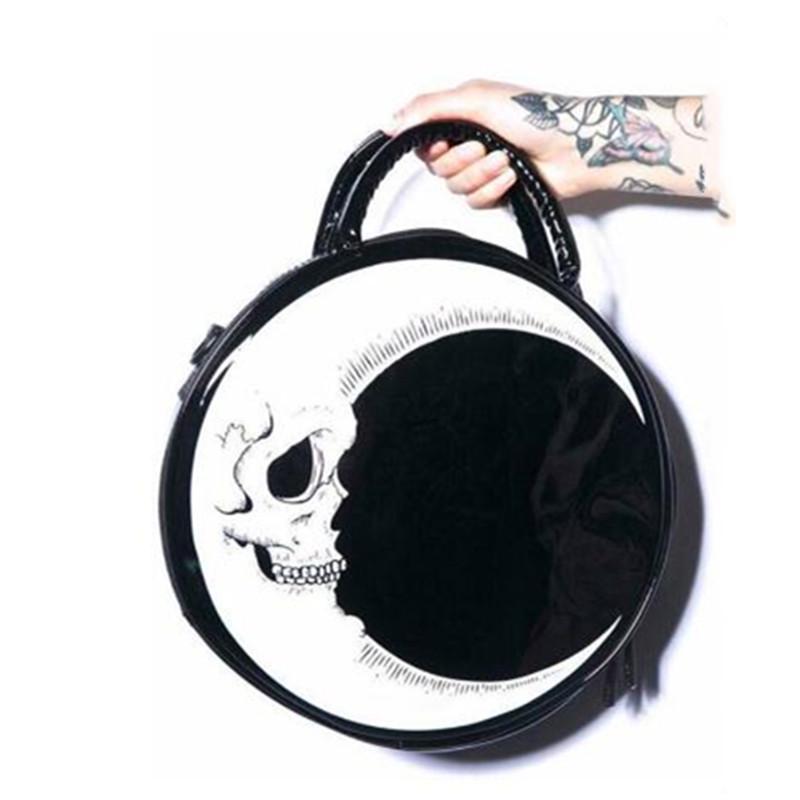 Dark Skull Head Thunder Flash Printed Gothic Cross Body Moon Messenger Bag Round Handbag Harajuku