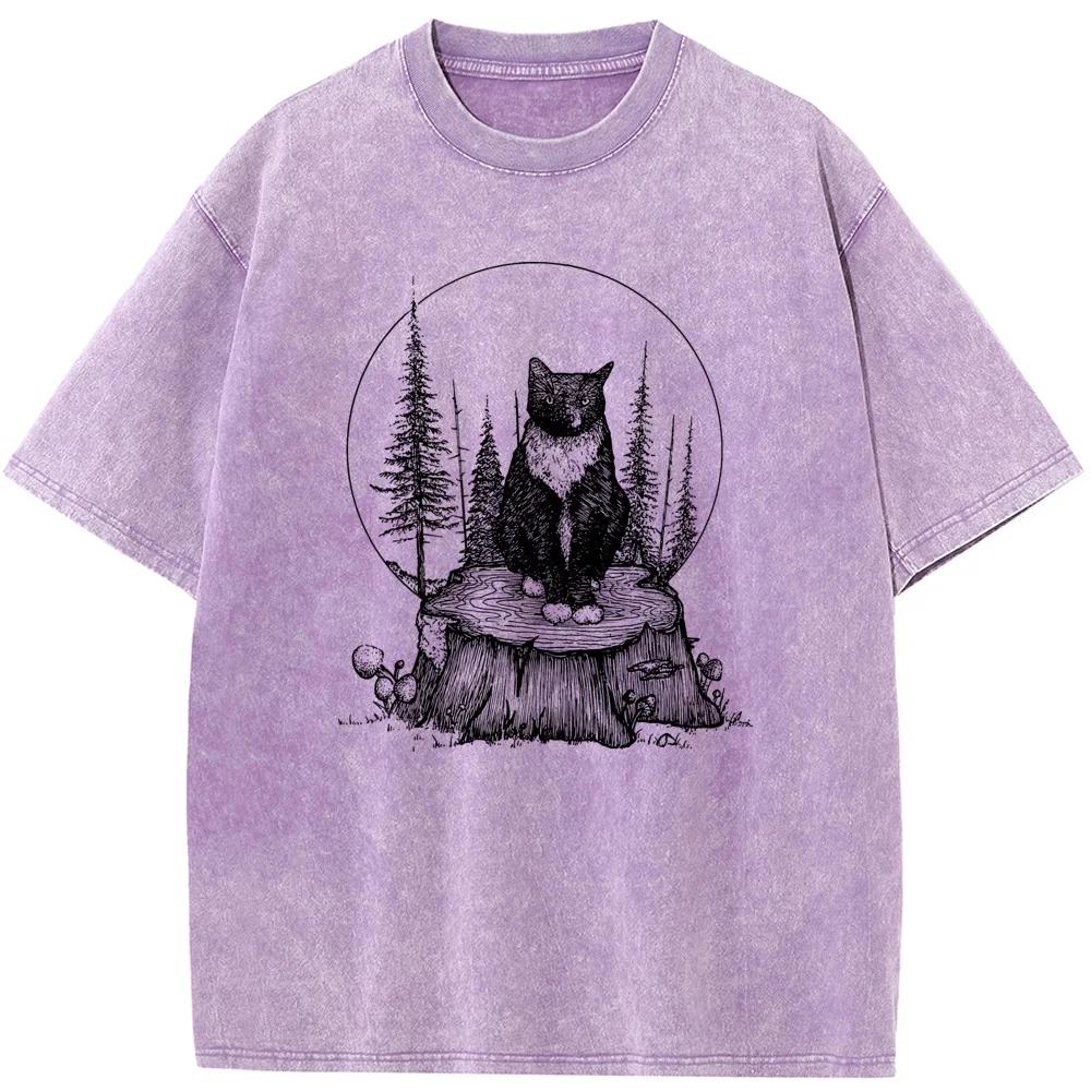 Футболка мужская стираная Forest Cat, летняя хлопковая отбеленная футболка, топы, винтажные свободные отбеленные футболки