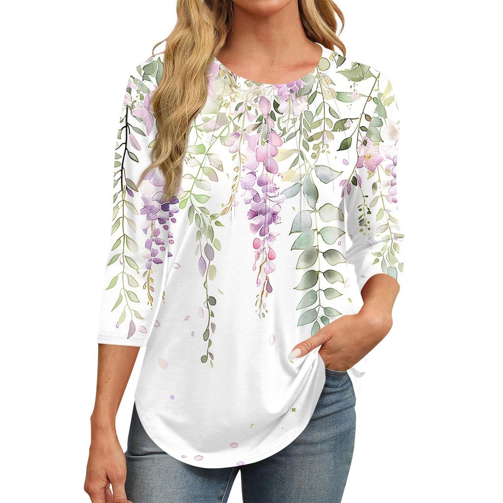 Женская модная повседневная футболка с круглым вырезом и рукавом семь четвертей в стиле ретро с принтом, плиссированная футболка