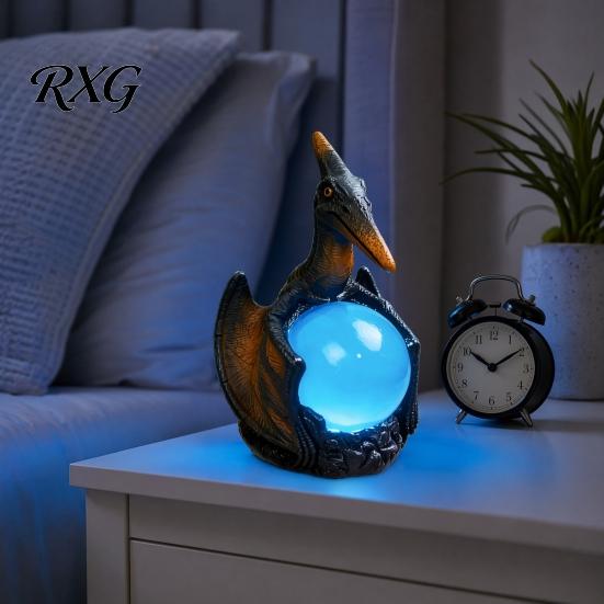 Hand-painted Dragon Lamp Pterosaur Night Light, Resin Gothic Table with Glowing Faux Crystal Bedroom Lighting Ball, Fantasy Desk Decor for Office,