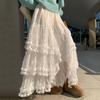Women Cake Skirt Elastic High Waist Splicing Asymmetric Jacquard Tulle Skirt Solid Color A-Line Long Skirt