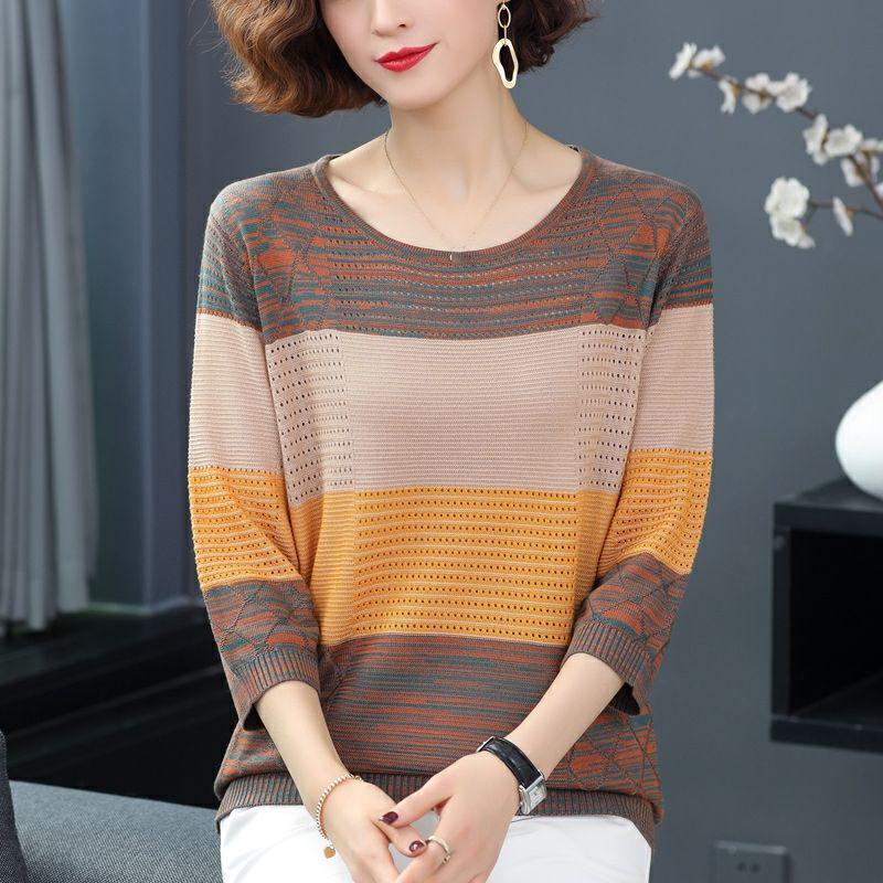 Striped Sweater Knitted Pullover Thin Round Neck Long Sleeves Women's Top Casual Undershirt Commute Spring Autumn