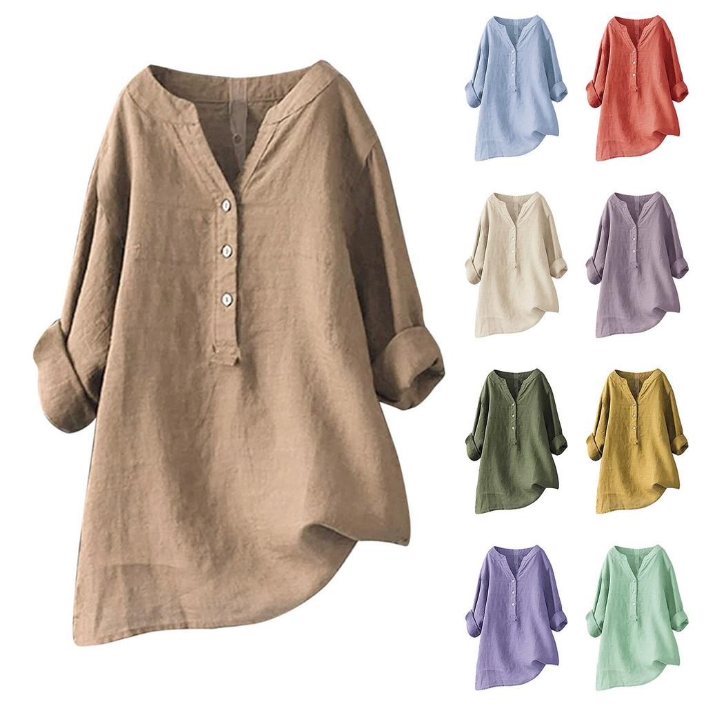 Women Solid Stand Collar Long Sleeve Shirt Casual Loose Blouse Button Down Tops