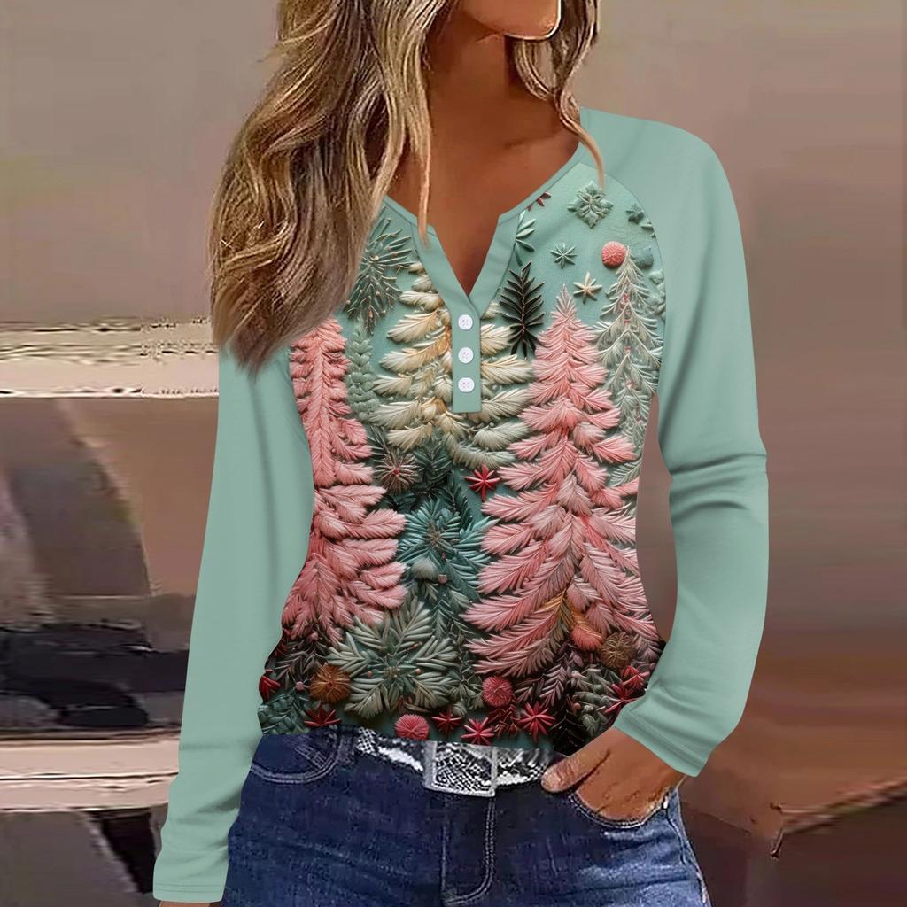 Женская мода повседневная рождественская печать V-образный вырез рукава реглан с декоративными пуговицами длинный рукав футболка топ