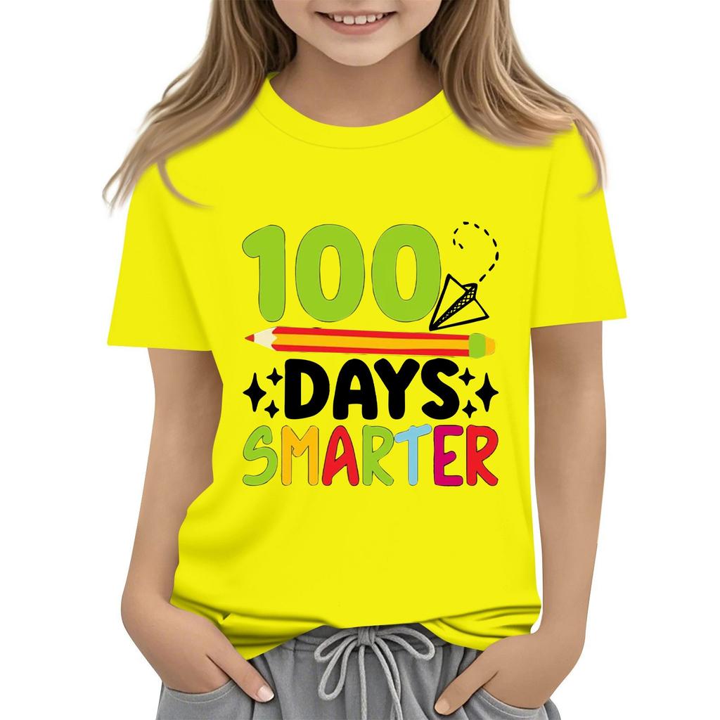Happy 100th Day Of School Girls Boys Short Sleeve T Shirts Kids Tops Crewneck Tees