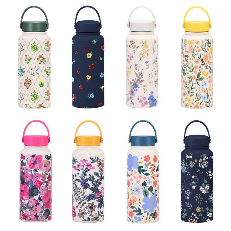 2025 New Model 1L Large Capacity Thermos Cup with Wide Mouth, Portable Handle, Sports Water Bottle, Outdoor Printed Water Cup for Women