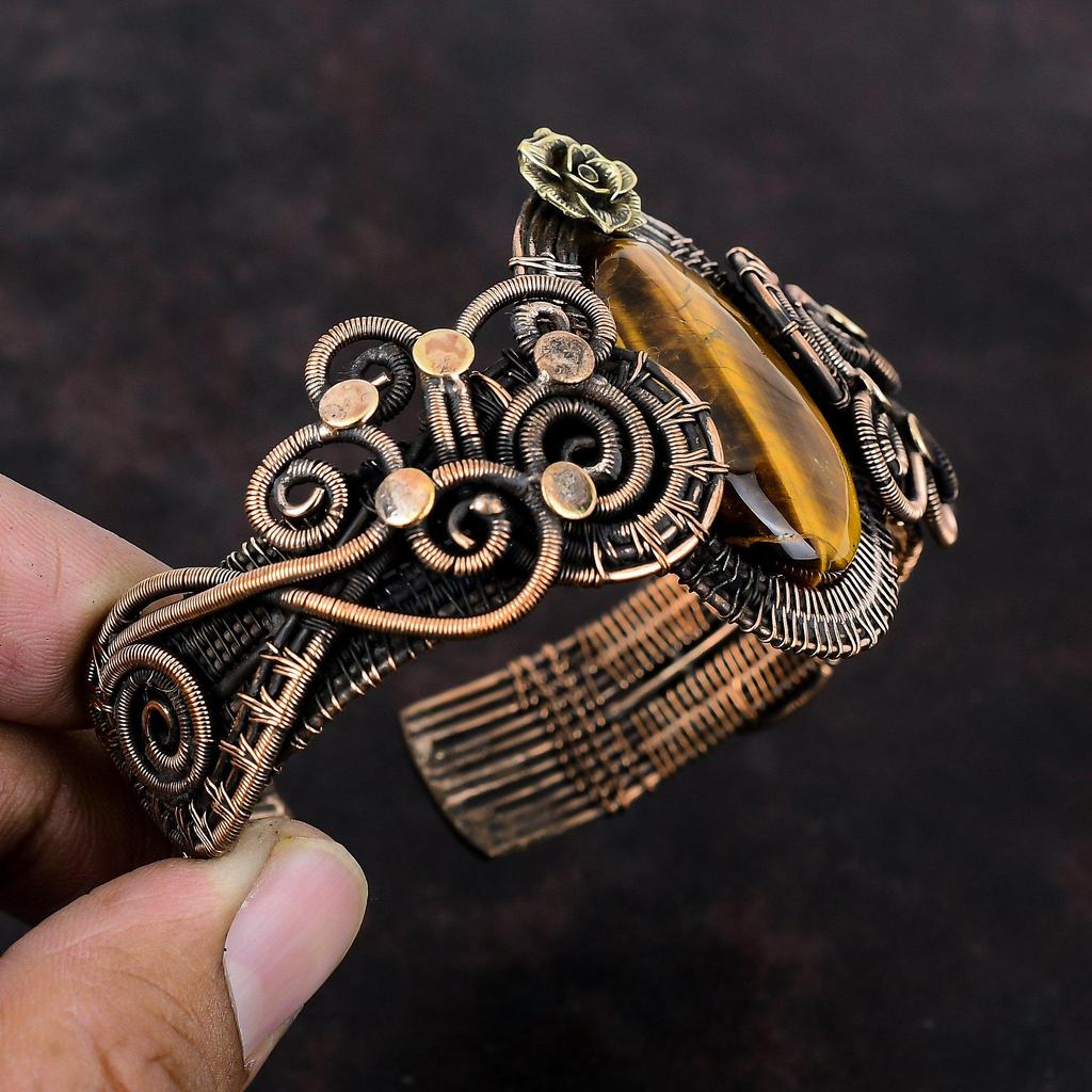 Браслет-манжета с драгоценным камнем тигровый глаз, браслет из медной проволоки, регулируемый браслет-манжета ручной работы, подарок на помолвку, медные украшения, цветочный браслет