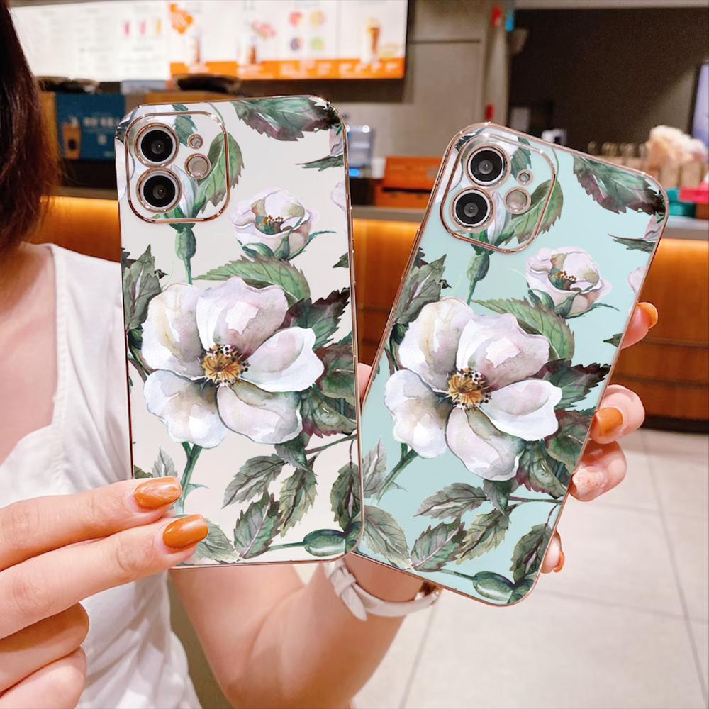 Роскошный чехол с покрытием из цветка камелии для iPhone 11 12 13 14 15 Pro Max, чехол для телефона Samsung Galaxy A51 A12 A32 A52 Xiaomi Redmi 10 10C