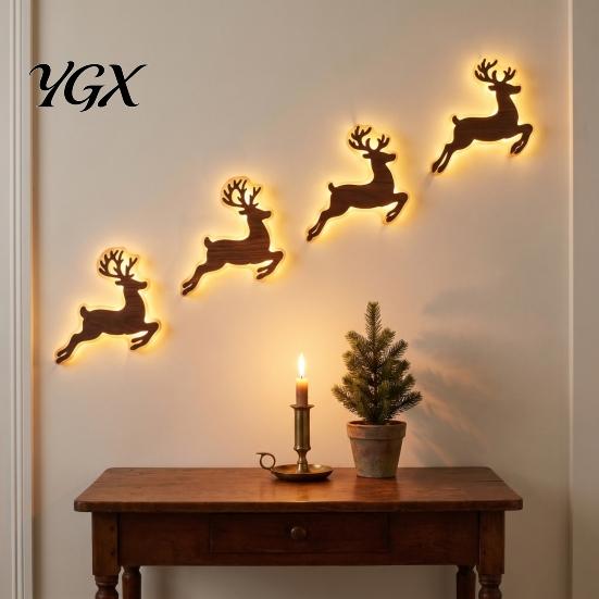 Wooden Animal Wall Art 7Pcs LED Reindeer Decorations for Christmas, Glowing Deer/Santa Claus/Xmas Holiday Party Atmosphere Lights Tree/Snowflake/Socks