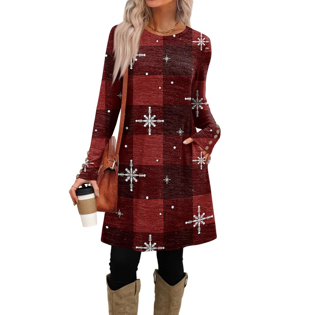 Женское модное повседневное платье с карманами, декоративными пуговицами, круглым вырезом и длинными рукавами