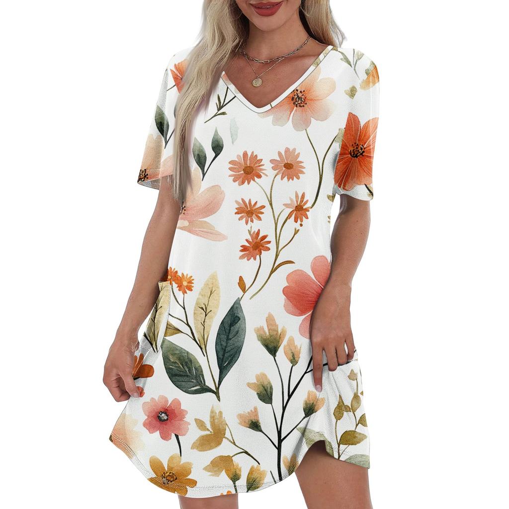 Women's Summer Fashion Casual V-Neck Floral Print Short Sleeve Pocket Dress