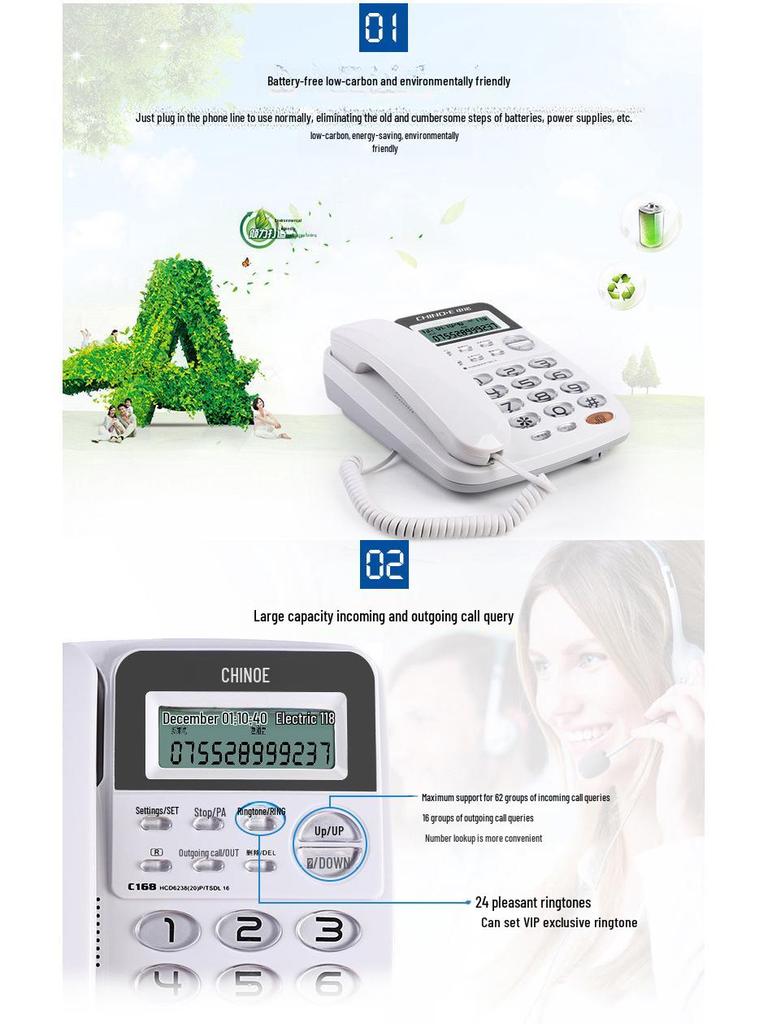 Проводной стационарный телефон Zhongnuo C168 с двумя интерфейсами и АОН, не требующий батареи, для дома или офиса