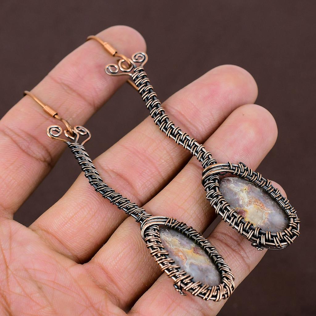 Laguna Lace Agate Handmade Copper Wire Wrap Jewelry Earring 3.86 t1F63