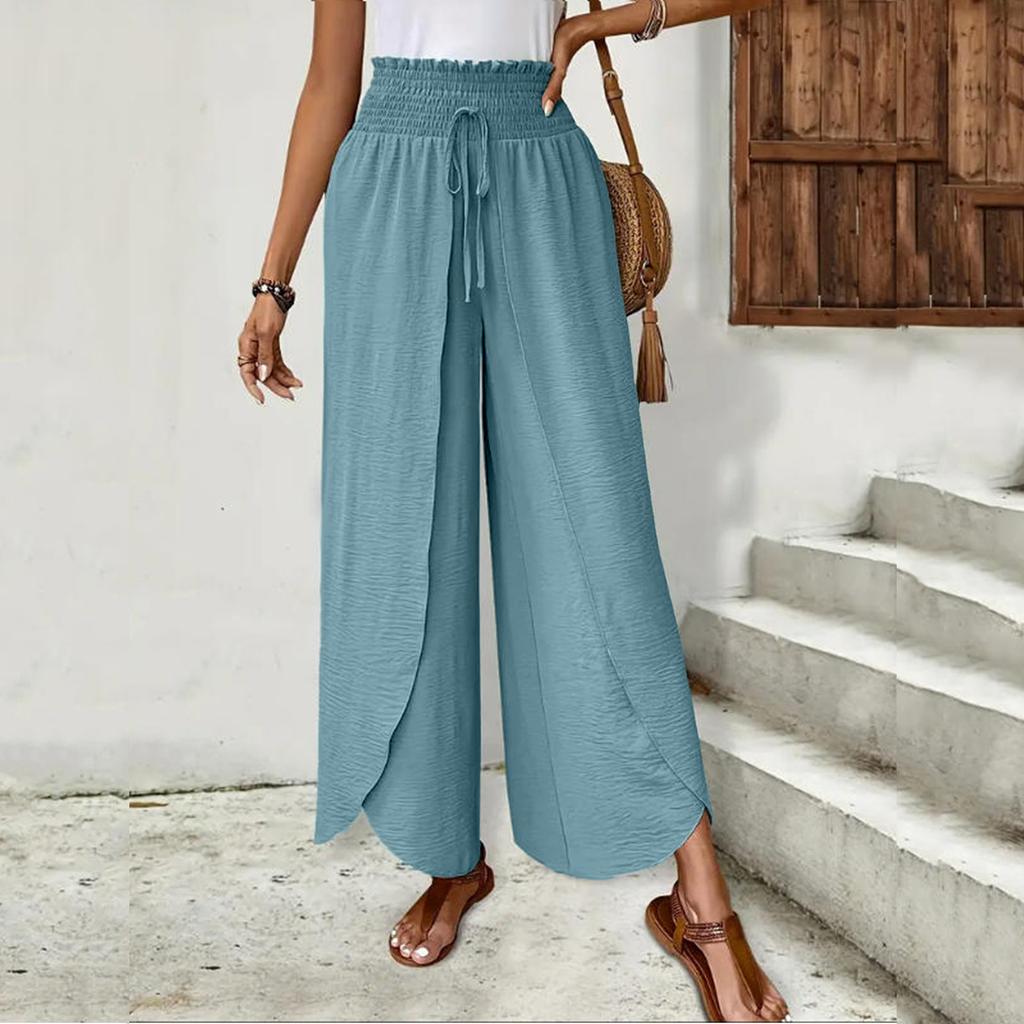Женские повседневные брюки с эластичной талией, неровным подолом и широкими штанинами, однотонные, свободные, прямые
