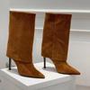Полусапоги из замши до середины икры EU/US - Остроносые на шпильке Однотонные сапоги поверх брюк для женщин Офисный шик Зимняя обувь