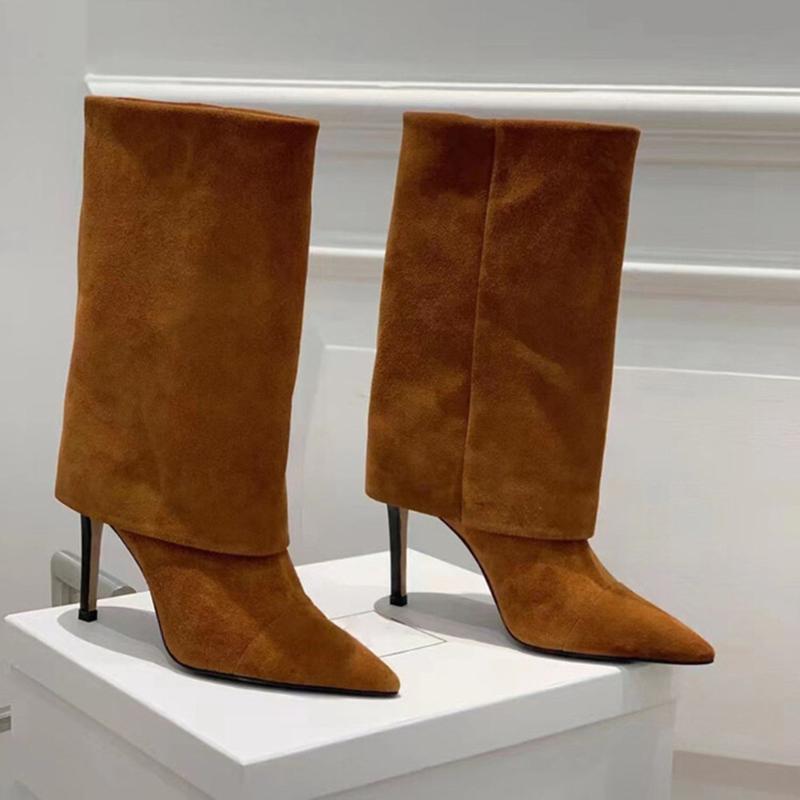 Полусапоги из замши до середины икры EU/US - Остроносые на шпильке Однотонные сапоги поверх брюк для женщин Офисный шик Зимняя обувь