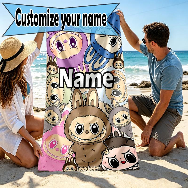 Custom Name Personalized Labubu Print Beach Towel, for Trip Camping Beach Party Home Decor, Birthday Gift for Family & Friends