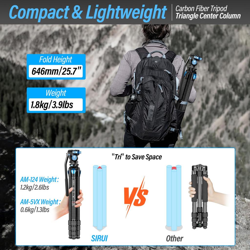 SIRUI AM124 Carbon Fiber Tripod with AM5V Video Compact Lightweight Travel Tripod for Triangular Center Load Capacity Lbs Head, Camera, DSLR, Pole,