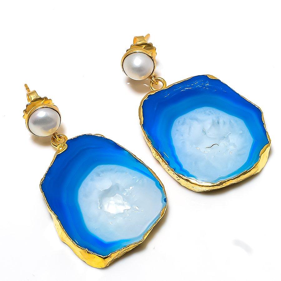Blue Druzy, Pearl Gemstone 925 Sterling Silver Jewelry Earring 1.77" GK-2516