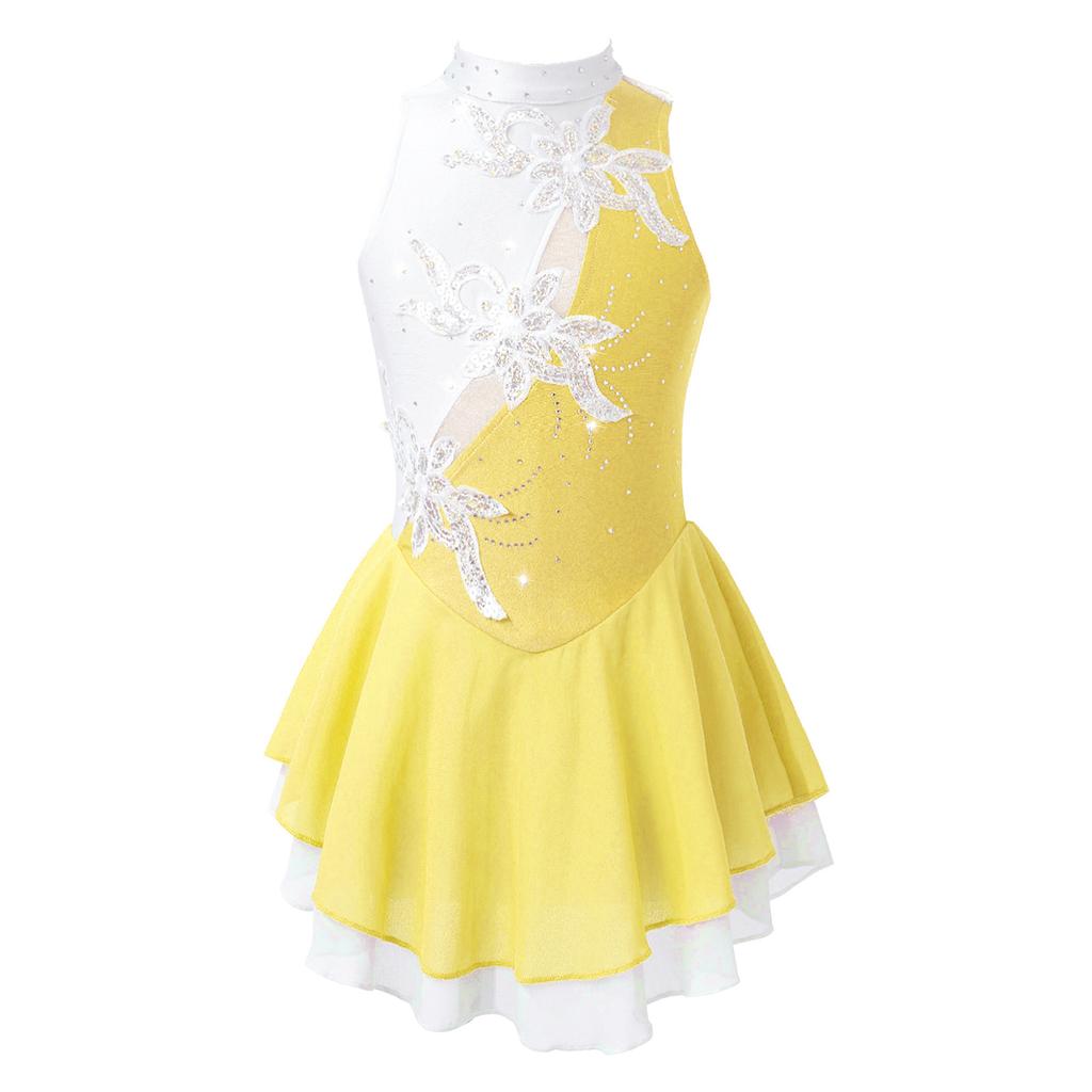Детская стильная одежда для катания на коньках для девочек, без рукавов, с открытой спиной, блестящими пайетками, цветочным декором, танцевальное платье