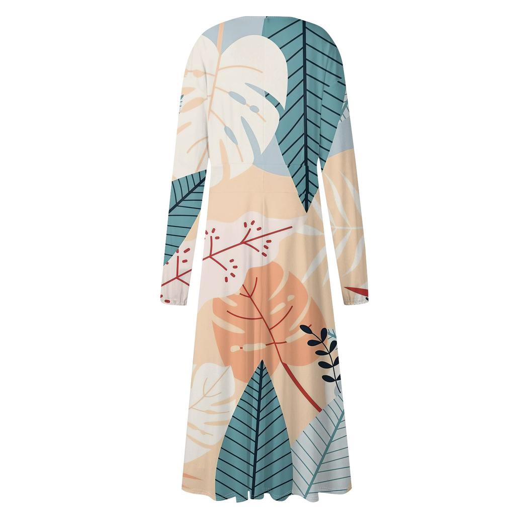 Женское осеннее и зимнее повседневное модное длинное платье с v-образным вырезом и длинным рукавом с цветочным принтом