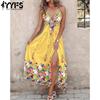 Women's Fashion Summer Spring Flower Pattern Print Sleevelesse V-Neck High Waist Casual Dresses