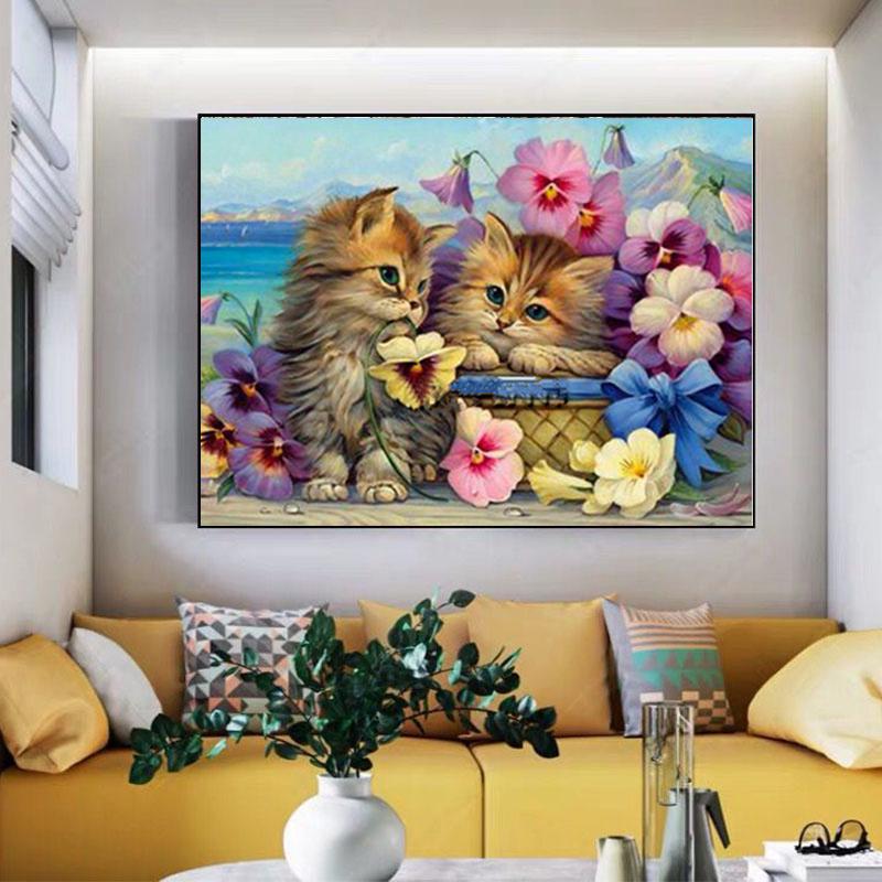 5D Diy Diamond Painting Cross Stitch Kits Flowers and Cat Round Diamond Embroidery Painting