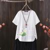 2025 Summer New European & American Style Lotus Print V-neck Cotton Hemp Women's Casual T-shirt