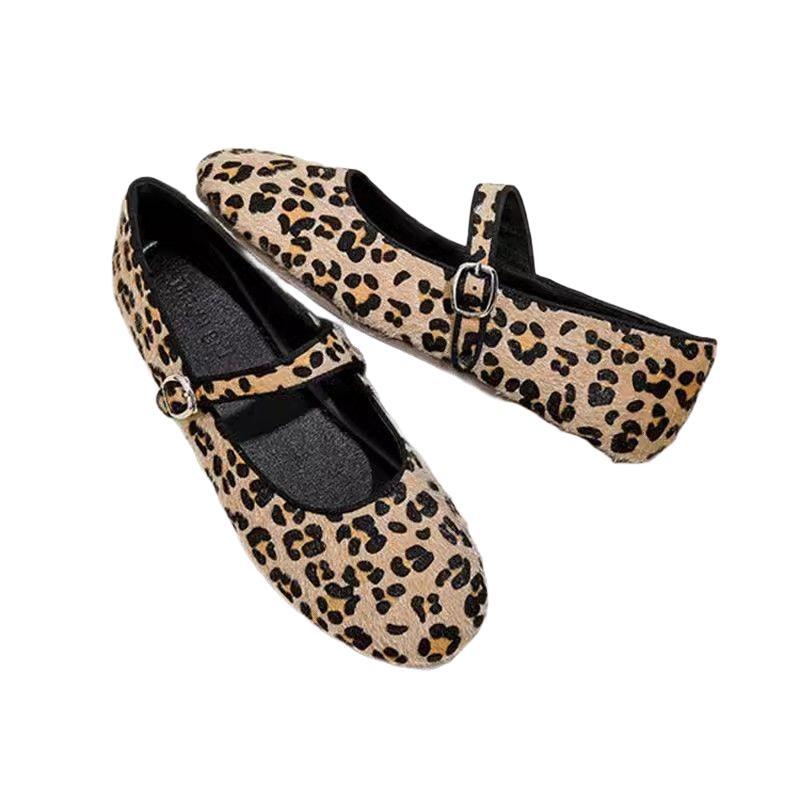 Retro Leopard Print Single Shoes Women's New One-word Buckle with Mary Jane Flat-soled Soft-soled One-pedal Beanie Shoes