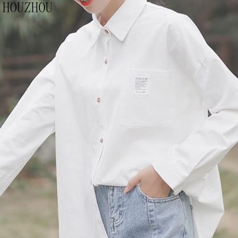 HOUZHOU белая рубашка женская с карманом и длинным рукавом размера плюс для студентов, милая корейская шикарная классика
