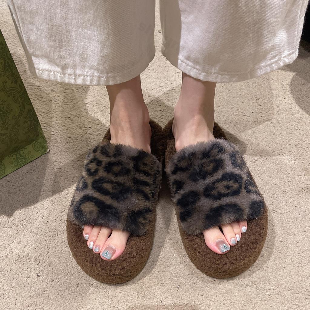 Модные женские тапочки с леопардовым мехом, хлопковые туфли на платформе и толстом каблуке, зимние повседневные шлепанцы 2025 года, новые домашние плюшевые мюли Zapatos De Mujer