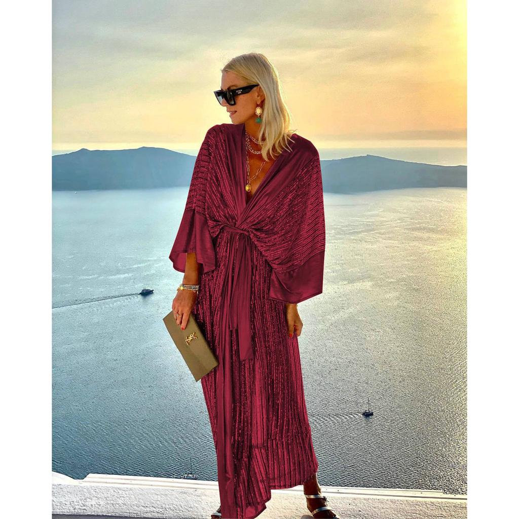 Cover Up Women Bohemian Maxi Long Kimono Tunic Cape Beach Dress Fashion Vintage Sequin Sleeve Cardigan Holiday Party Gold