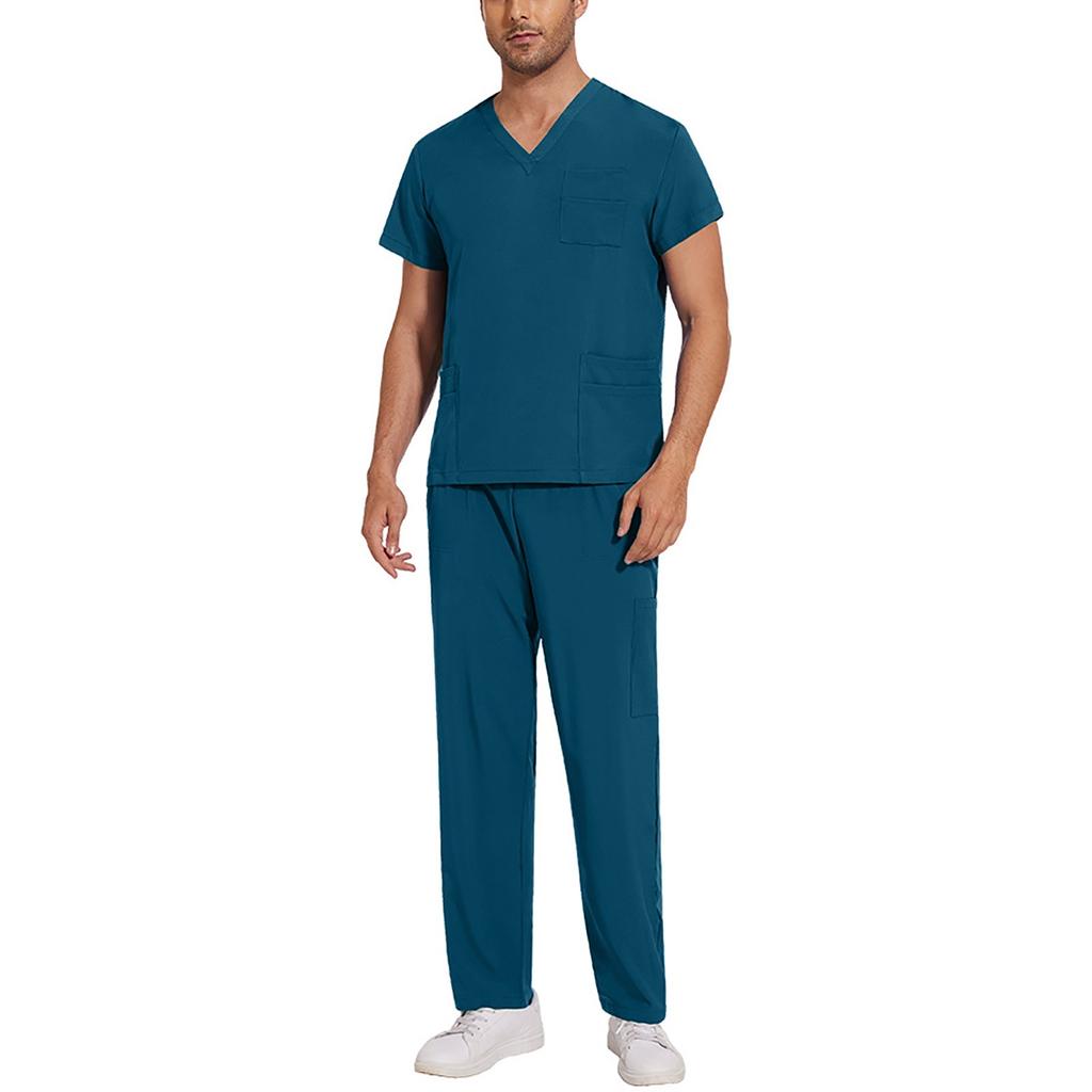 Soild Scrub Working Uniform Suit For Men's Cross V-Neck Short Sleeve Fun T-Shirts Workwear Tee With Pockets