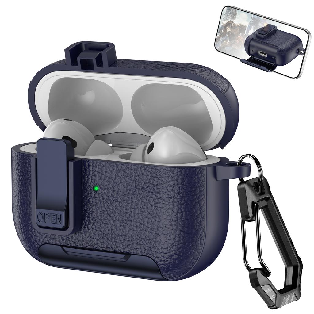For Apple AirPods Pro Protective Case with Stand Litchi Texture Leather TPU + PC Earphone Cover with Lock Buckle and Carabiner