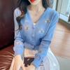 2023 Spring and Autumn V-neck Flower Embroidery Long Sleeved Knitted Shirt Women French Minority Short Soft Cardigan Sweater Top