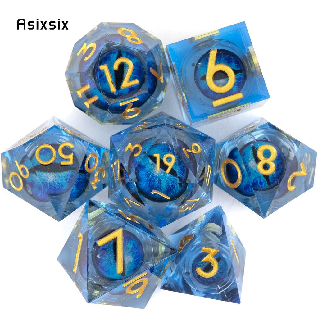 7 Pcs Blue Eyeball Golden Number Sharp Edge Resin Dice Polyhedral Dice Suitable for Role-Playing RPG Board Game