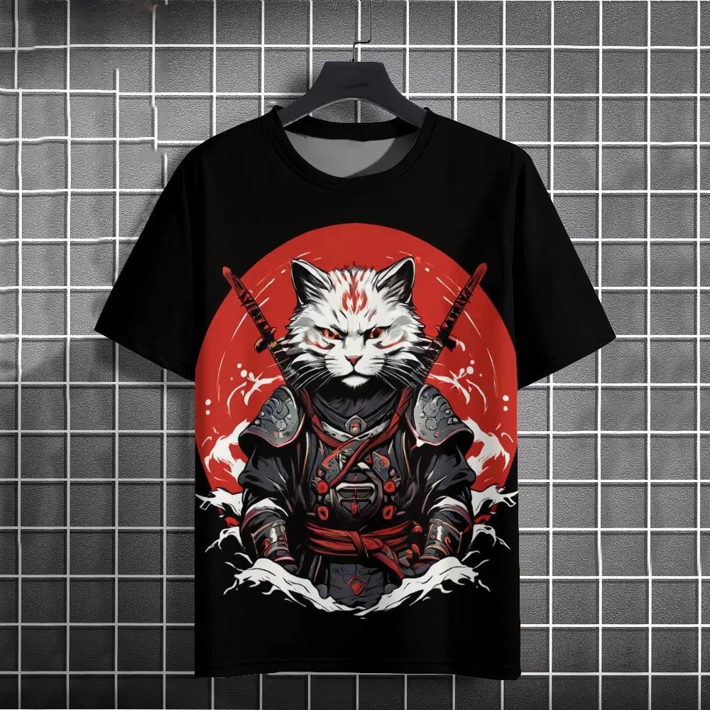 Men's T Shirt Japanese Samurai Cat Pattern Printed Tops Casual Unisex Tops Breathable Comfortable Summer New Oversized Clothing