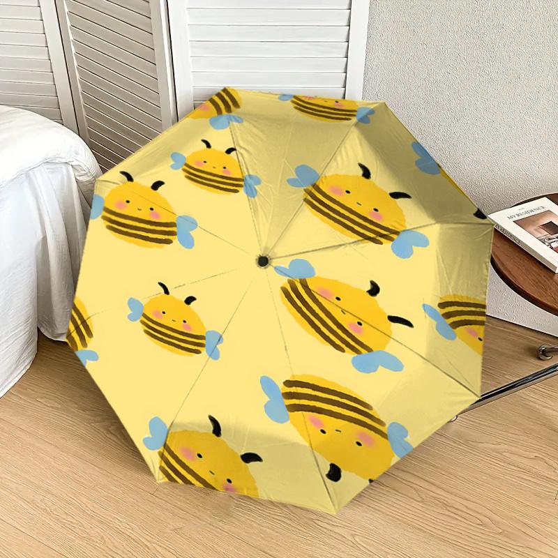 Cute Bee Print Automatic Opening/Closing Umbrella with Foldable Design, Iron Frame, Outdoor Use, Festival Gift, Suitable for Fans, Travel, D