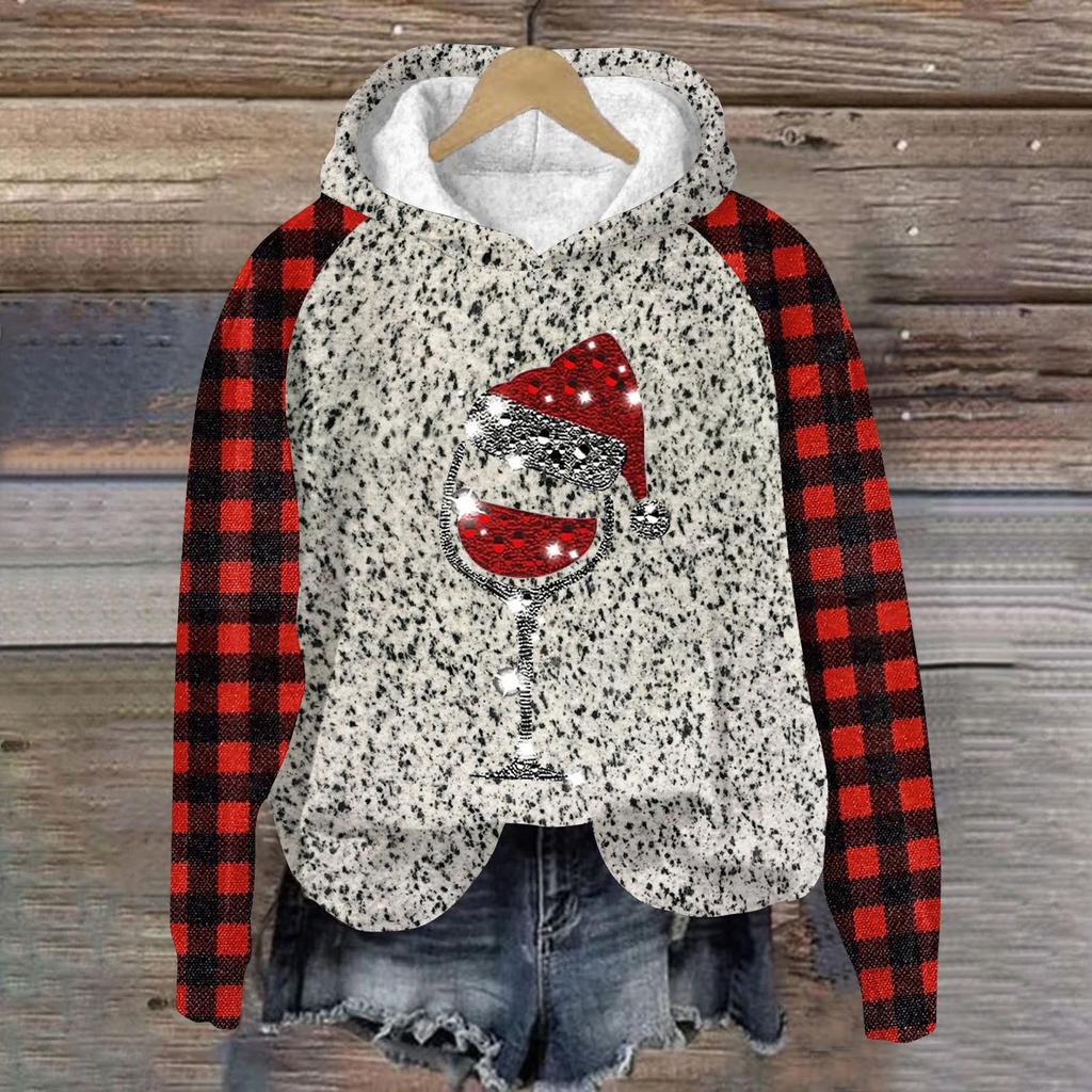 Women's Fashion Pullover Plunging Sleeve Christmas Printed Hooded Sweatshirt