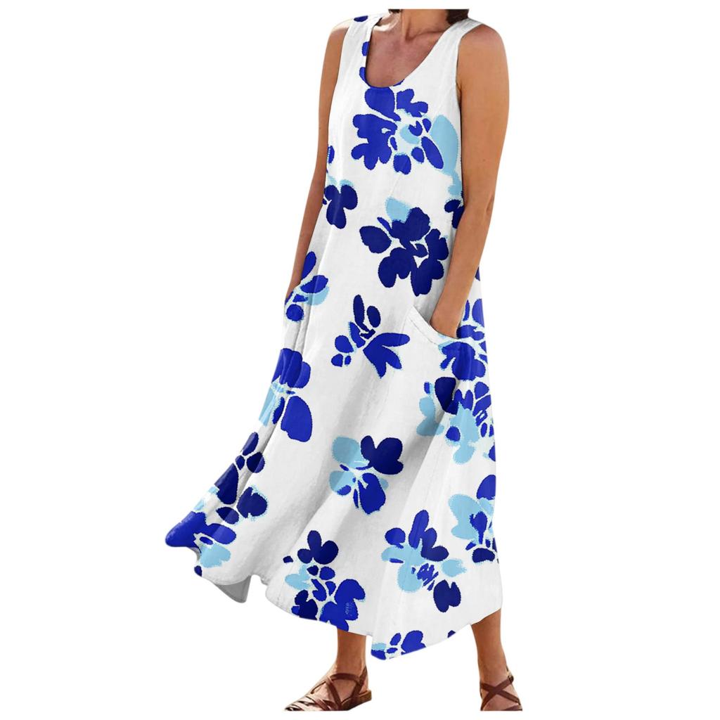 Женские модные летние повседневные платья без рукавов с цветочным принтом и маленькими карманами