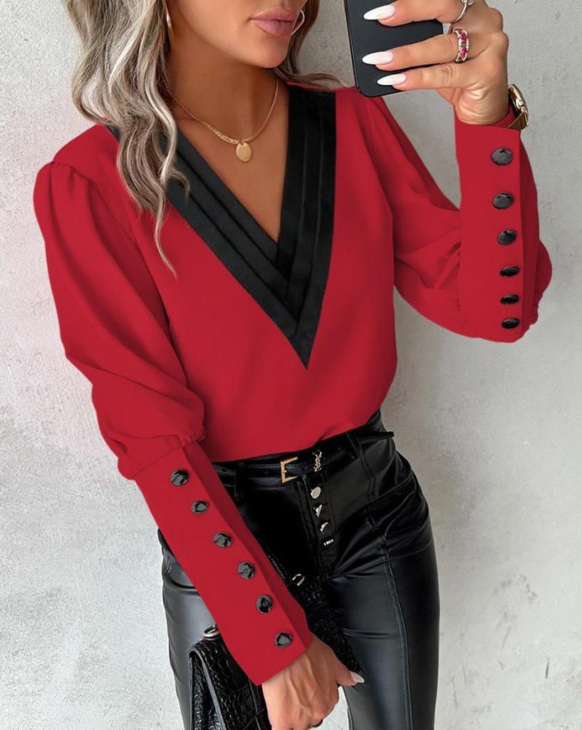 2026 Autumn Fashion V-Neck Solid Color Long Sleeve Button-Up Women's Shirt