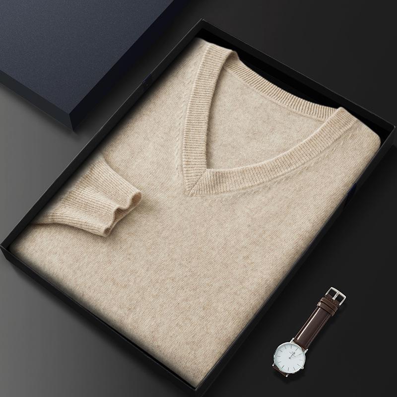 Men's V-Neck Cashmere Sweater - Long-Sleeved Business Knit for Autumn and Winter