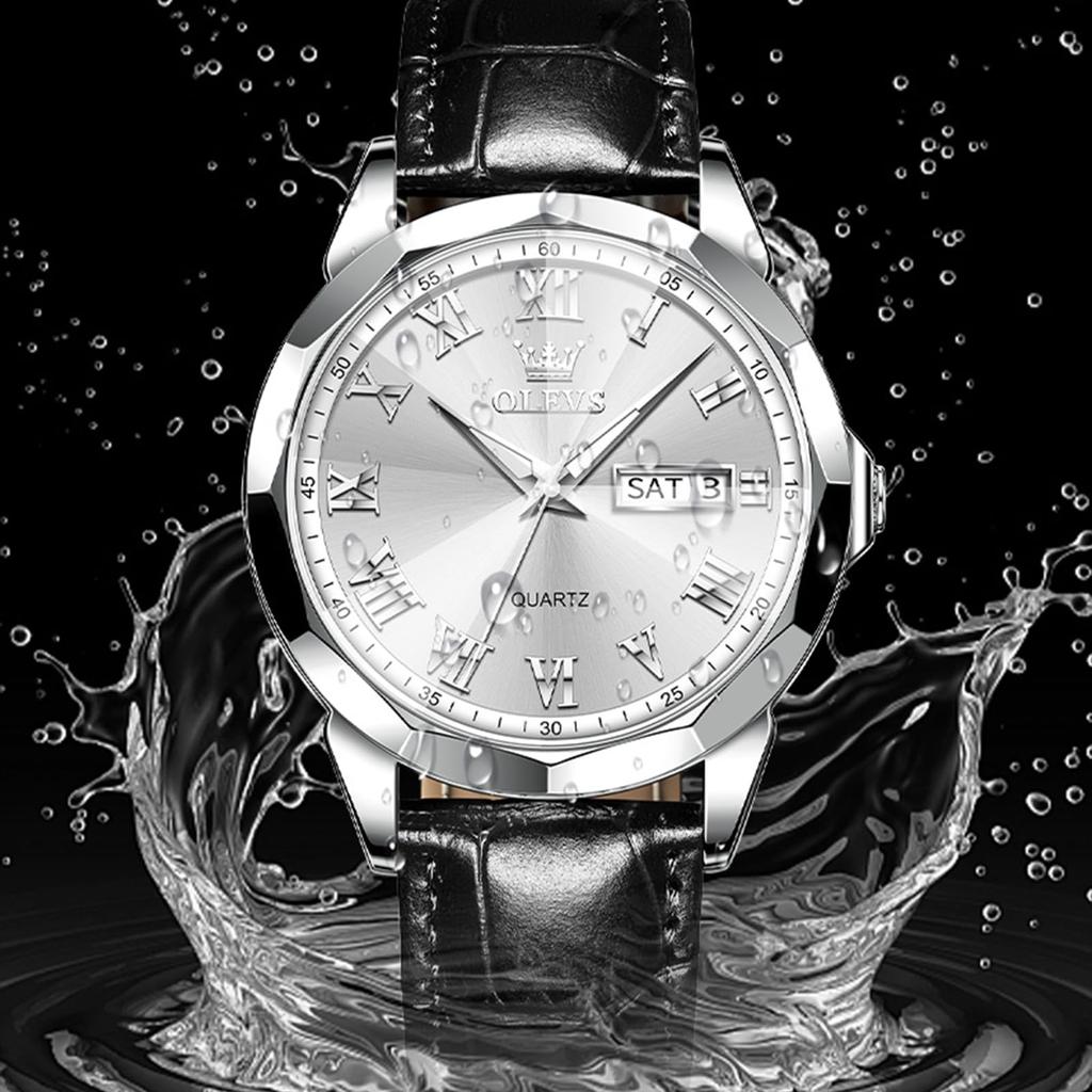 OLEVS водонепроницаемые кожаные деловые часы для популярных прохладных кварцевых часов с серебряным циферблатом для устойчивой к давлению руки, удобные повседневные мужские часы, черные, часы,