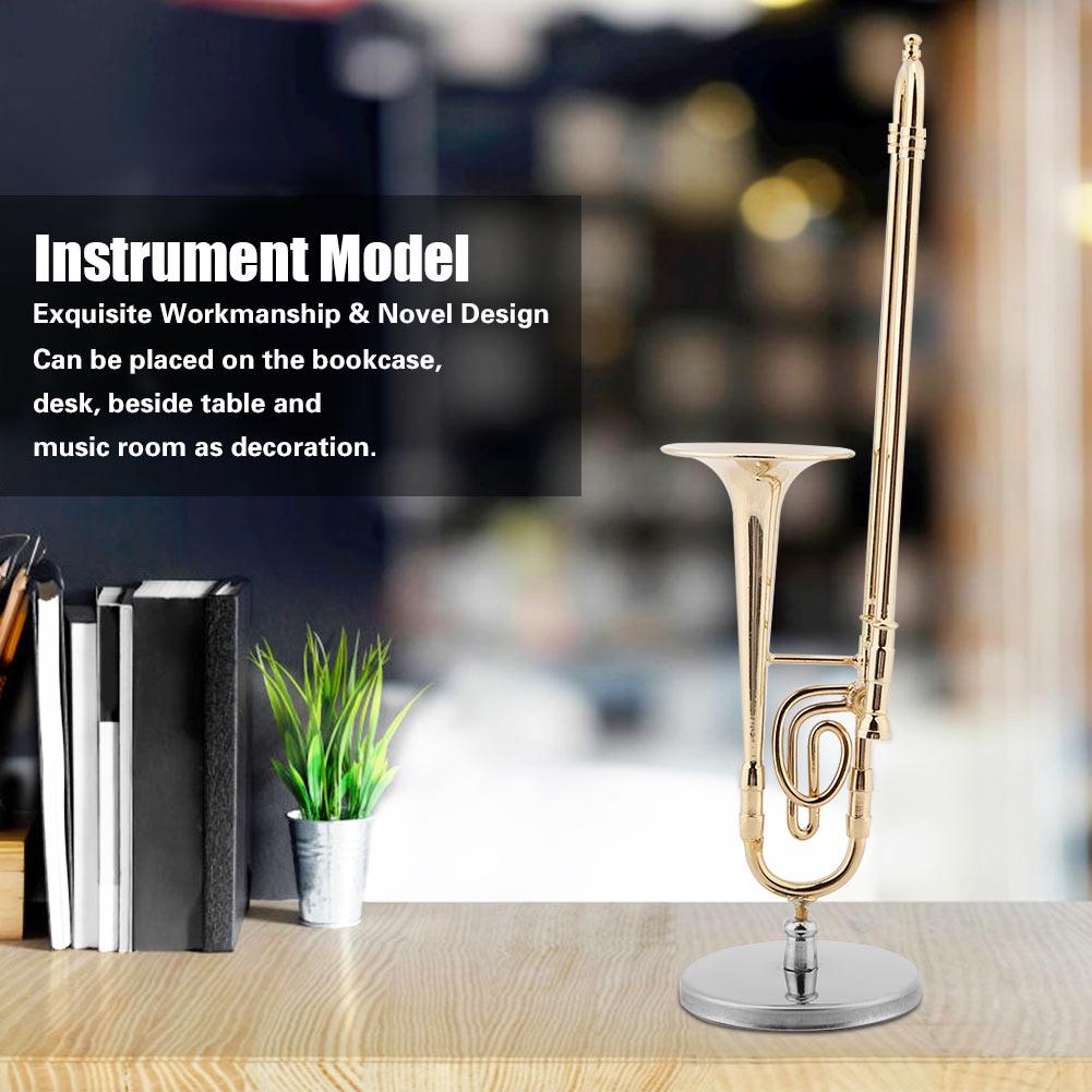 Miniature Trombone Replica with Stand and Case Gold Plated Instrument Model Musical Ornaments