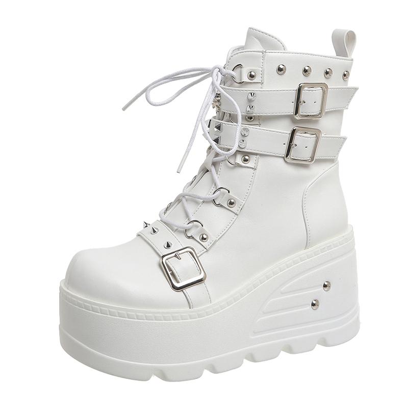 Fashion Platform Boots Goth for Women Lace up Wedge Heel Buckle Ankle Booties Studded Short Motorcycle Boots with Zipper White