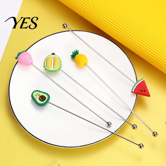 Stir Stick Cocktail Stick, Stainless Steel Mixing with Durian Pineapple Strawberry Durable Drink Mixer Watermelon Rubber Top Decor, Stirrer